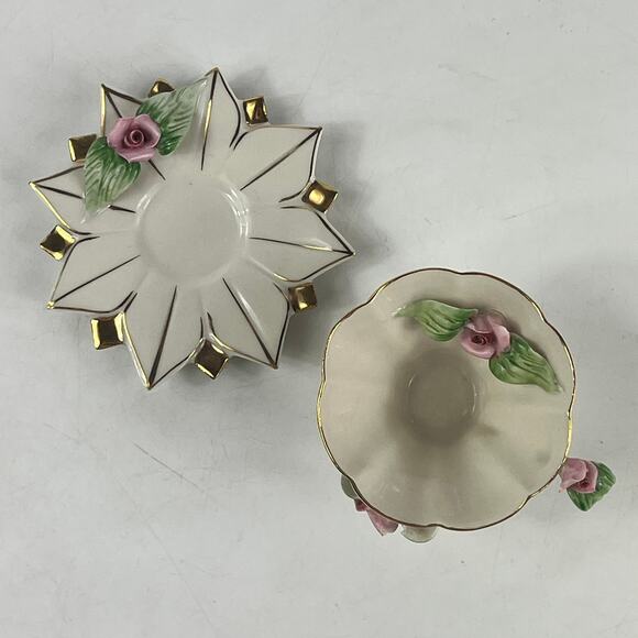 Limoges France Porcelain Rose Cup Saucer Set Gold Trim Starburst Pedal Design - Picture 7 of 15